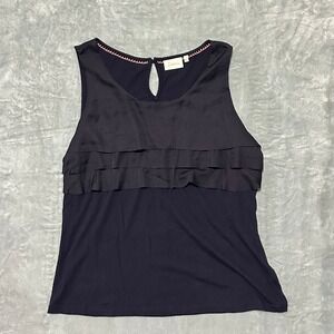 Deletta Anthropologie Sleeveless Ruffle Front Keyhole Neck‎ Blouse Top Navy Blue